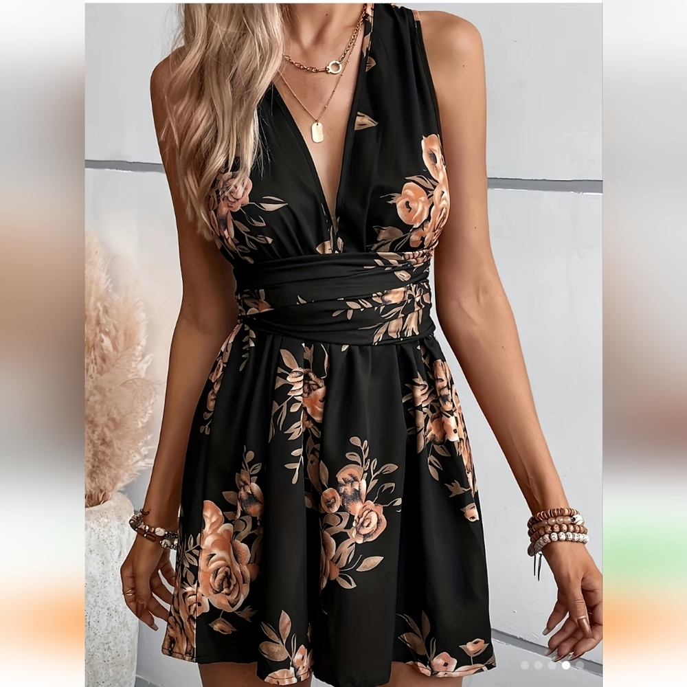 Floral Black Plunging Neck Romper